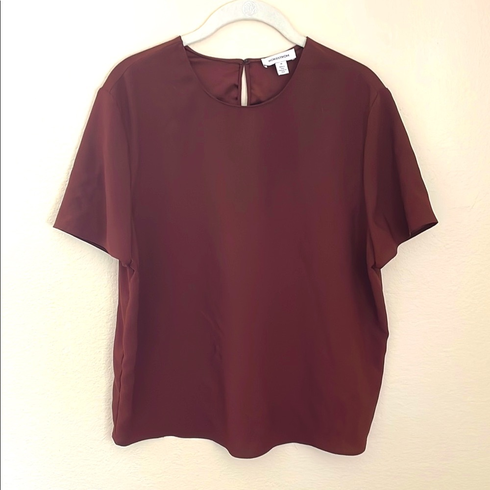 Nordstrom Red Short Sleeve Boxy Blouse with Mandarin Collar